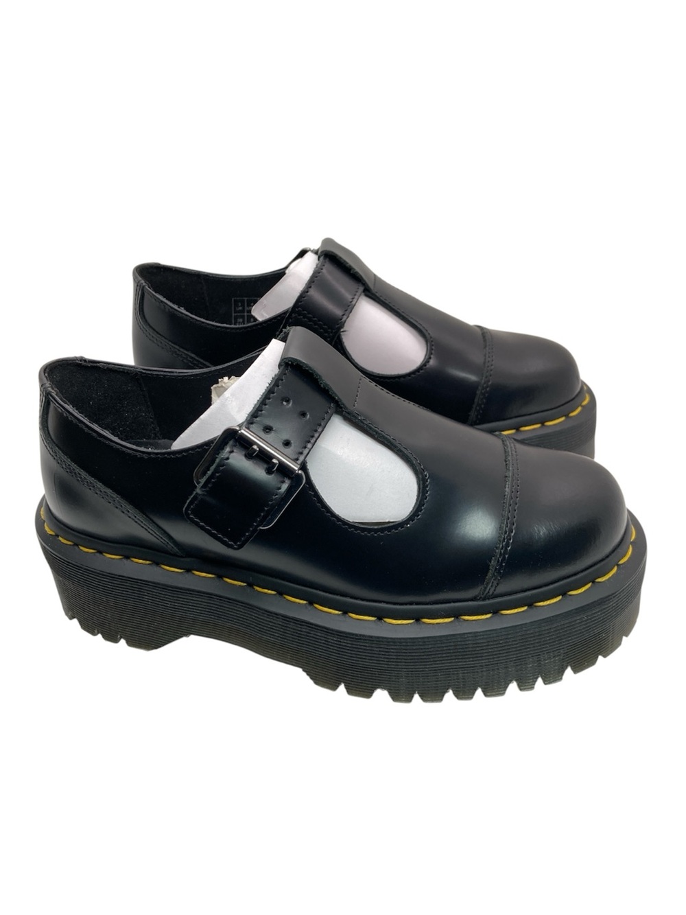 Dr. Martens Black Mary Jane Platform Shoes with Yellow Stitching size 5